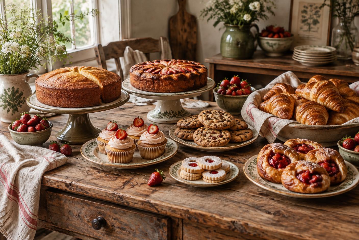 Assorted handmade cakes, cupcakes, cookies, and pastries on a bakery table