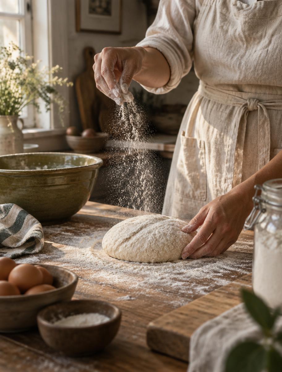 Home baker dusting flour over dough